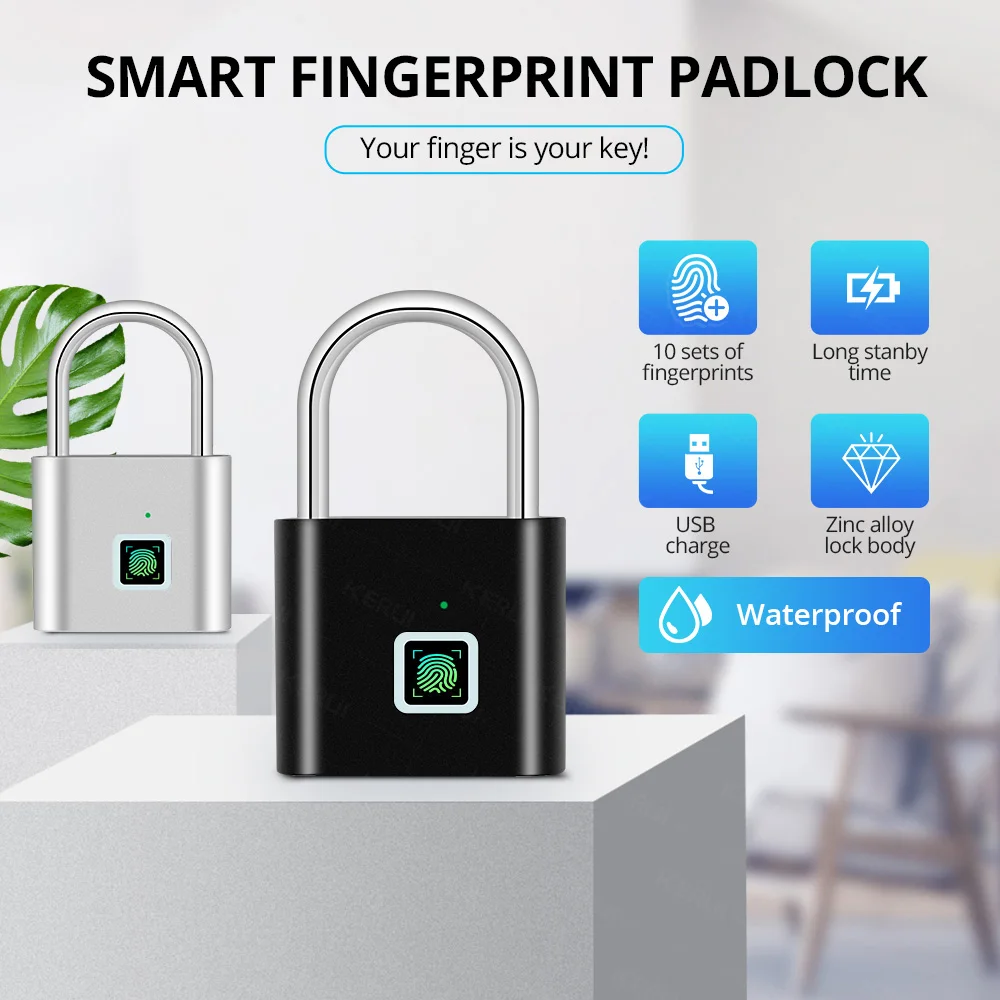 Smart Door Fingerprint Padlock USB Rechargeable Mini Size Finger Touch Lock